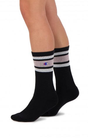 Chaussette Champion Stripe Nervuré Crew Socks Femme Noir Rose | 2765-IYXKV