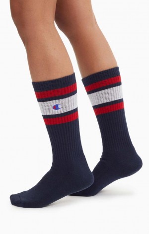 Chaussette Champion Stripe Nervuré Crew Socks Homme Bleu Foncé | 3976-FDGOA