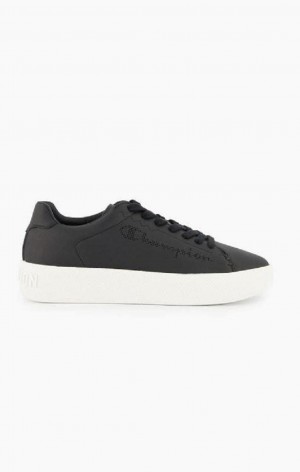 Chaussures de Sport Champion Script Logo Faux Cuir Plateforme Trainers Femme Noir | 0726-HBKCA