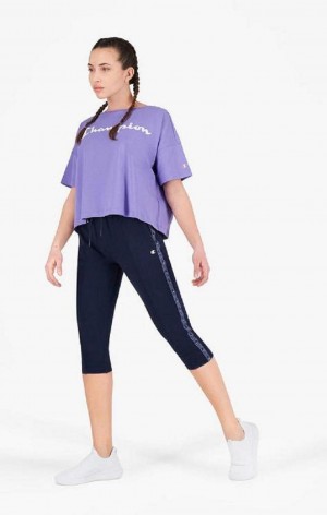 Pantalon Jogger Champion Rayé Jacquard Logo Tape Joggers Femme Bleu Foncé | 6507-BIOQN