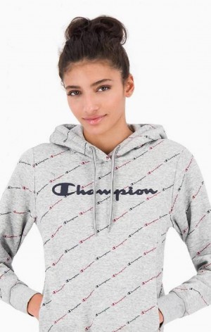 Sweat a Capuche Champion All-Over Script Logo Hoodie Femme Grise Clair | 5034-JRHYS