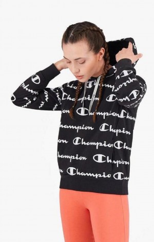 Sweat a Capuche Champion All-Over Script Logo Hoodie Femme Noir | 3194-ZFHJE