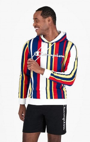 Sweat a Capuche Champion Candy Stripe Script Logo Hoodie Homme Blanche Rouge Bleu | 9754-XJFGV