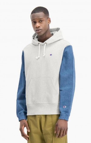 Sweat a Capuche Champion Denim Sleeve Reverse Weave Hoodie Homme Grise Clair | 7365-SQHET