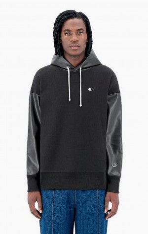 Sweat a Capuche Champion Faux Cuir Panel Reverse Weave Hoodie Homme Noir | 7516-AZHVD