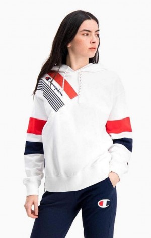 Sweat a Capuche Champion Graphique Stripe And Colour Block Hoodie Femme Blanche | 0294-YKTPX