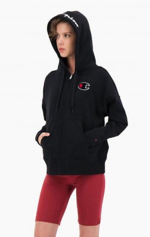 Sweat a Capuche Champion Logo Coton Terry Hoodie Femme Noir | 0354-HMNDU