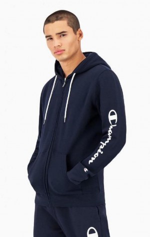 Sweat a Capuche Champion Logo Sleeve Zip-Up Fleece Hoodie Homme Bleu Foncé | 3274-BXZWQ