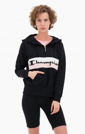 Sweat a Capuche Champion Rib Insert Script Logo Half Zip-Up Hoodie Femme Noir | 2436-DRBQX