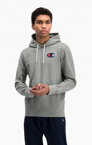 Sweat a Capuche Champion Satin C Logo Coton Terry Hoodie Homme Grise Foncé | 8654-UCKRI