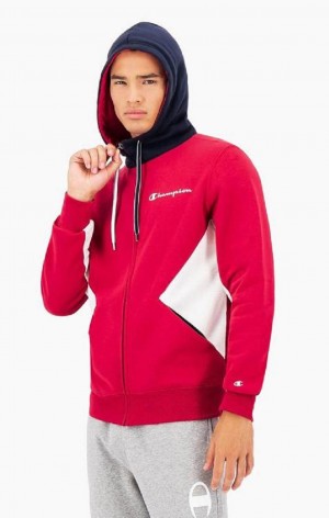 Sweat a Capuche Champion Script Logo Colour Block Fleece Zip-Up Hoodie Homme Rouge | 0198-MGPKU