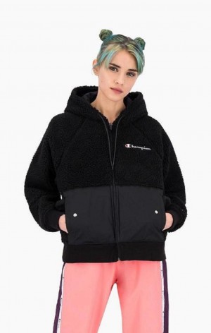 Sweat a Capuche Champion Teddy Polar Fleece Zip-Up Hoodie Femme Noir | 0783-QCOUH