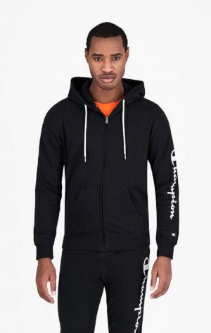 Sweat a Capuche Champion Zip-Up Mesh Effect Script Logo Hoodie Homme Noir | 6718-AOPLE