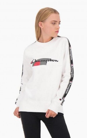 Sweats Champion Multi Logo Jacquard Tape Sweatshirt Femme Blanche | 8063-TFQVW