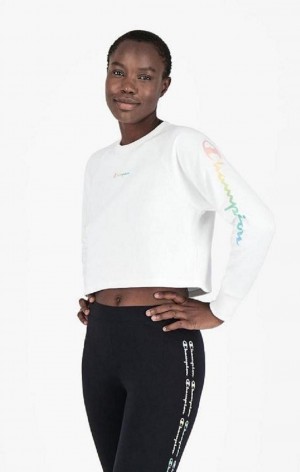 Sweats Champion Rainbow Script Logo Print Cropped Sweatshirt Femme Blanche | 9357-HNEMK