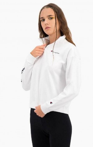 Sweats Champion Script Logo Half Zip-Up Shiny Fleece Sweatshirt Femme Blanche | 3092-KOAPX