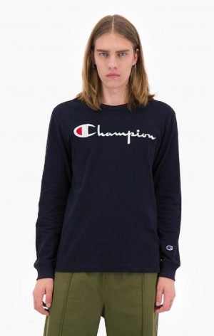 Sweats Champion Script Logo Jersey Sweatshirt Homme Bleu Foncé | 3269-ZPCUG