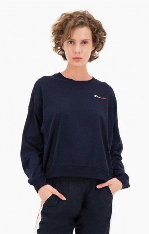 Sweats Champion Two Tone Logo Stripe Back Sweatshirt Femme Bleu Foncé | 9875-NMSAP