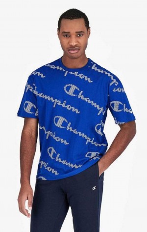 T Shirts Champion All-Over Rayé Effect Script Logo T-Shirt Homme Bleu | 0825-EJMHB