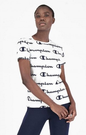 T Shirts Champion All-Over Script Logo T-Shirt Femme Blanche | 3784-WECUL