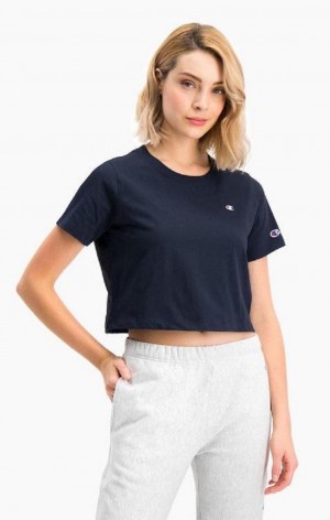 T Shirts Champion C Logo Crew Neck Cropped T-Shirt Femme Bleu Foncé | 9741-KFDTW