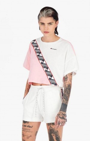 T Shirts Champion Colour Block Jacquard Logo Tape T-Shirt Femme Rose Blanche | 3257-KNOLI