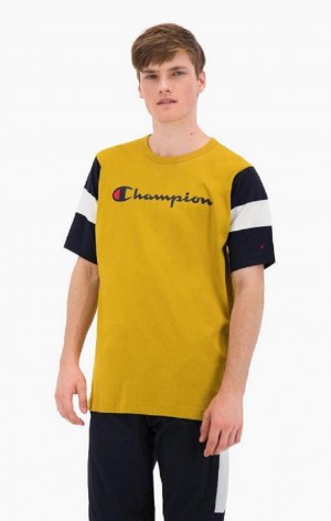 T Shirts Champion Colour Block Script Logo T-Shirt Homme Doré | 3810-LHUWZ