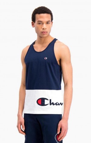 T Shirts Champion Colour Block Wraparound Logo Tank Top Homme Bleu Foncé | 2831-FBGMZ