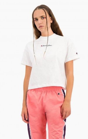 T Shirts Champion Cropped Script Logo T-Shirt Femme Blanche | 9152-PVTDL