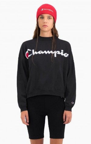 T Shirts Champion Cropped Script Logo T-Shirt Femme Noir | 1837-WNYJR