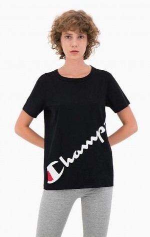 T Shirts Champion Diagonal Script Logo Print T-Shirt Femme Noir | 9572-VDRFO