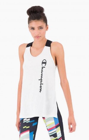 T Shirts Champion Logo Tape Criss-Cross Back Jersey Tank Top Femme Blanche | 2046-TKGQV