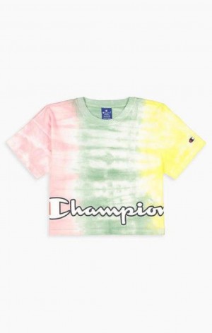 T Shirts Champion Pastel Tie Dye Cropped Script Logo T-Shirt Femme Rose Vert | 7918-KJMFA