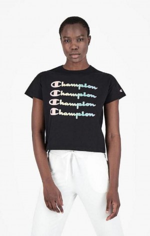 T Shirts Champion Rainbow Script Logo Print T-Shirt Femme Noir | 2617-EONJT