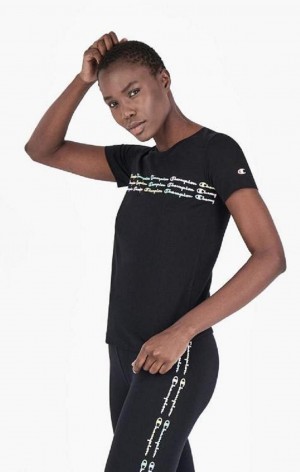 T Shirts Champion Rainbow Script Logo Print T-Shirt Femme Noir | 9601-UEQRJ