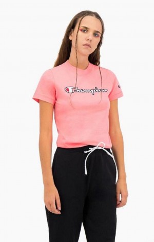 T Shirts Champion Satin Stitch Script Logo T-Shirt Femme Rose | 9374-EAISB