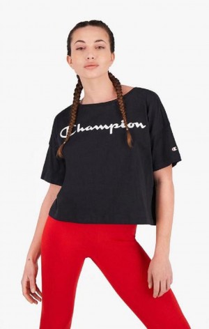 T Shirts Champion Script Logo Cropped T-Shirt Femme Noir | 3910-EMZHA