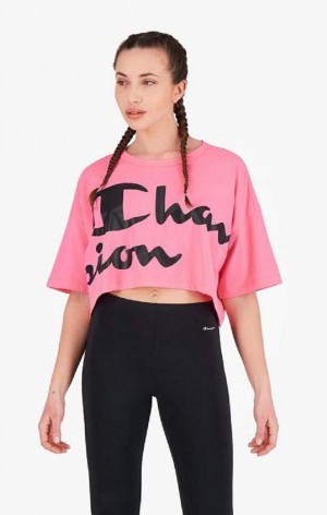 T Shirts Champion Script Logo Cropped T-Shirt Femme Fushia | 8432-YRTGU