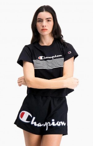 T Shirts Champion Script Logo Stripe Curved Hem Cropped T-Shirt Femme Noir | 7504-QJAYK