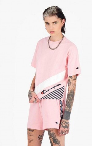 T Shirts Champion Stripe Detail Script Logo T-Shirt Femme Rose | 7631-GYEOF