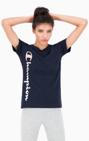 T Shirts Champion Vertical Logo Jersey T-Shirt Femme Bleu Foncé | 9287-VYZBO