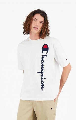 T Shirts Champion Vertical Script Logo T-Shirt Homme Blanche | 9378-FZLTN