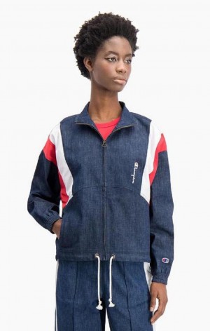 Vestes Champion Denim Stripe Piste Jacket Femme Turquoise Bleu | 4217-YJHMT