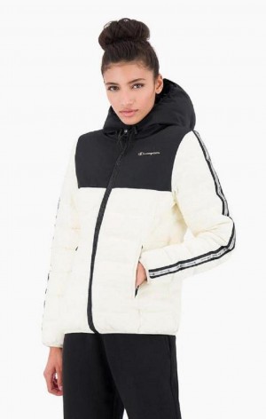 Vestes Champion Reflective Logo Rembourré Encapuchonné Jacket Femme Blanche Noir | 9681-GFQRN