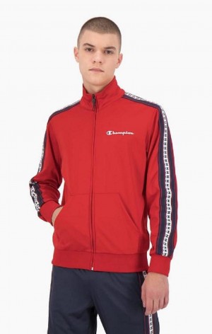 Vestes Champion Stripe Logo Tape Zip-Up Piste Jacket Homme Rouge | 8957-VXAJK