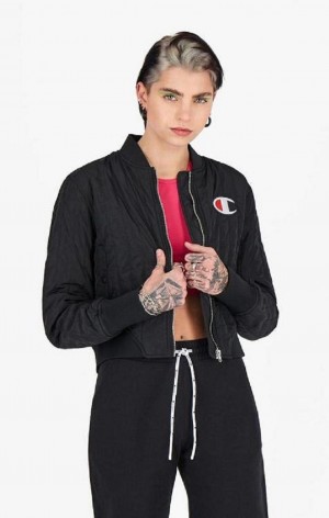 Vestes Champion Textured Cropped Bomber Jacket Femme Noir | 5418-WYPQV