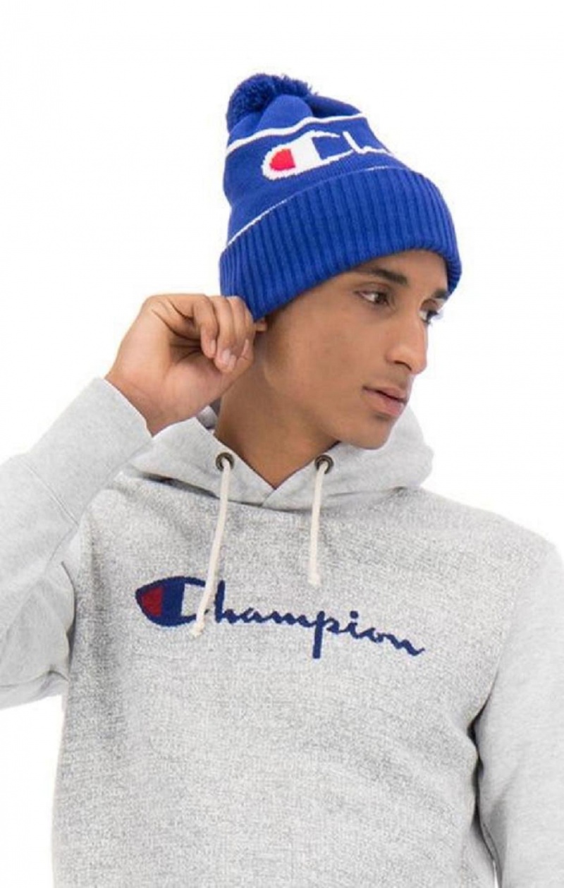 Chapeaux Champion Script Logo Stripe Bobble Beanie Hat Homme Bleu | 0185-TLPKD