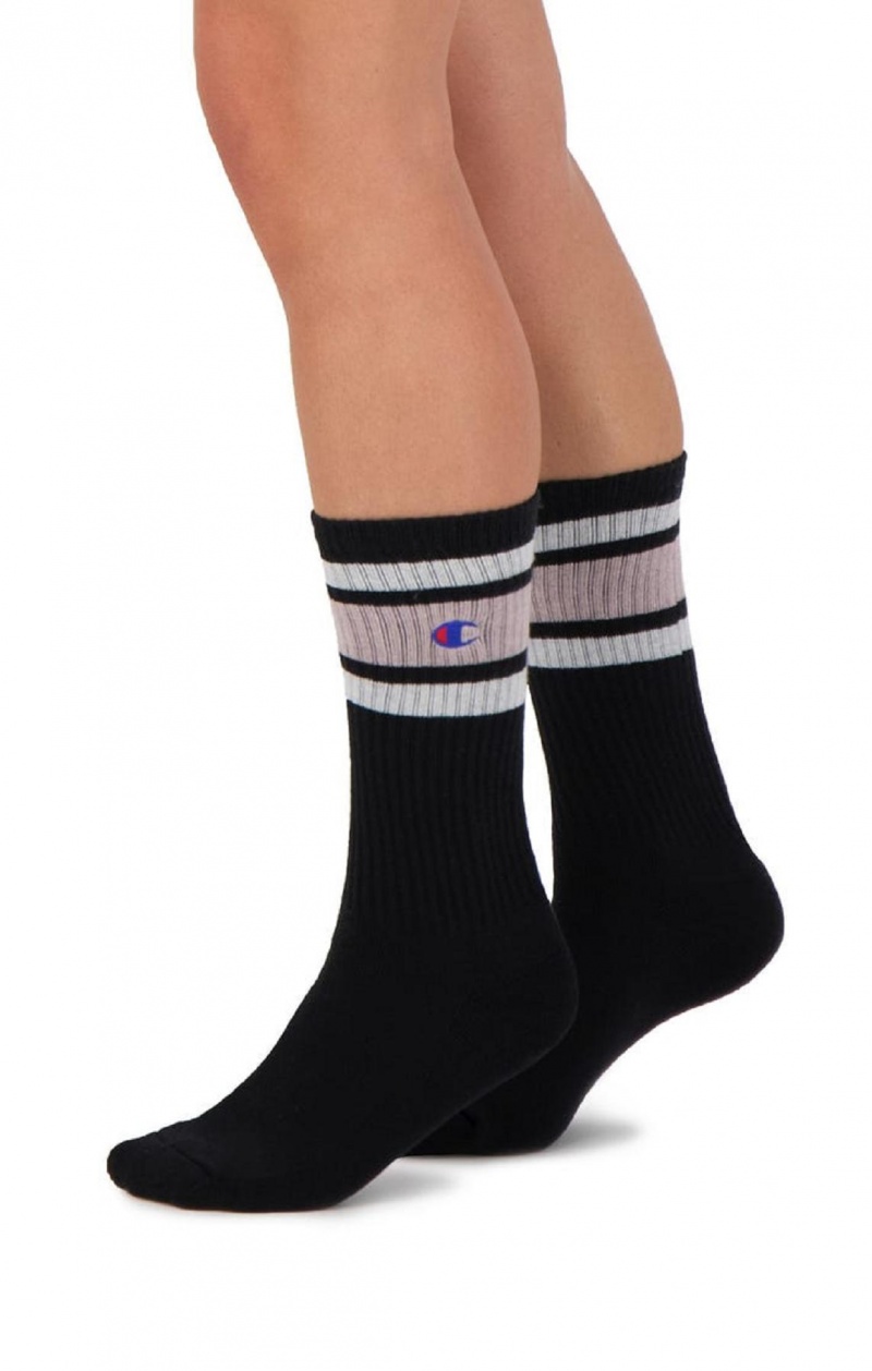 Chaussette Champion Stripe Nervuré Crew Socks Femme Noir Rose | 2765-IYXKV