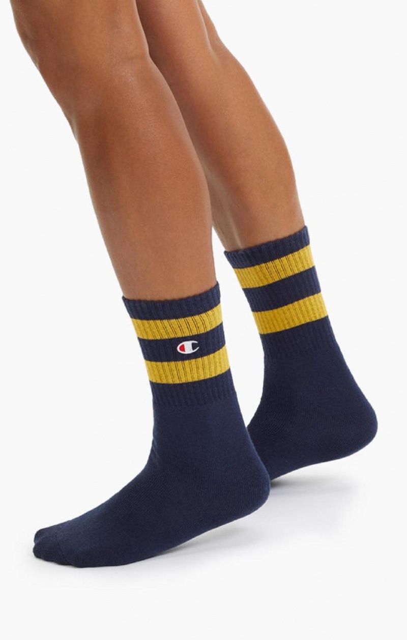 Chaussette Champion Tube Stripe Crew Socks Femme Bleu Foncé | 5104-IEGTN