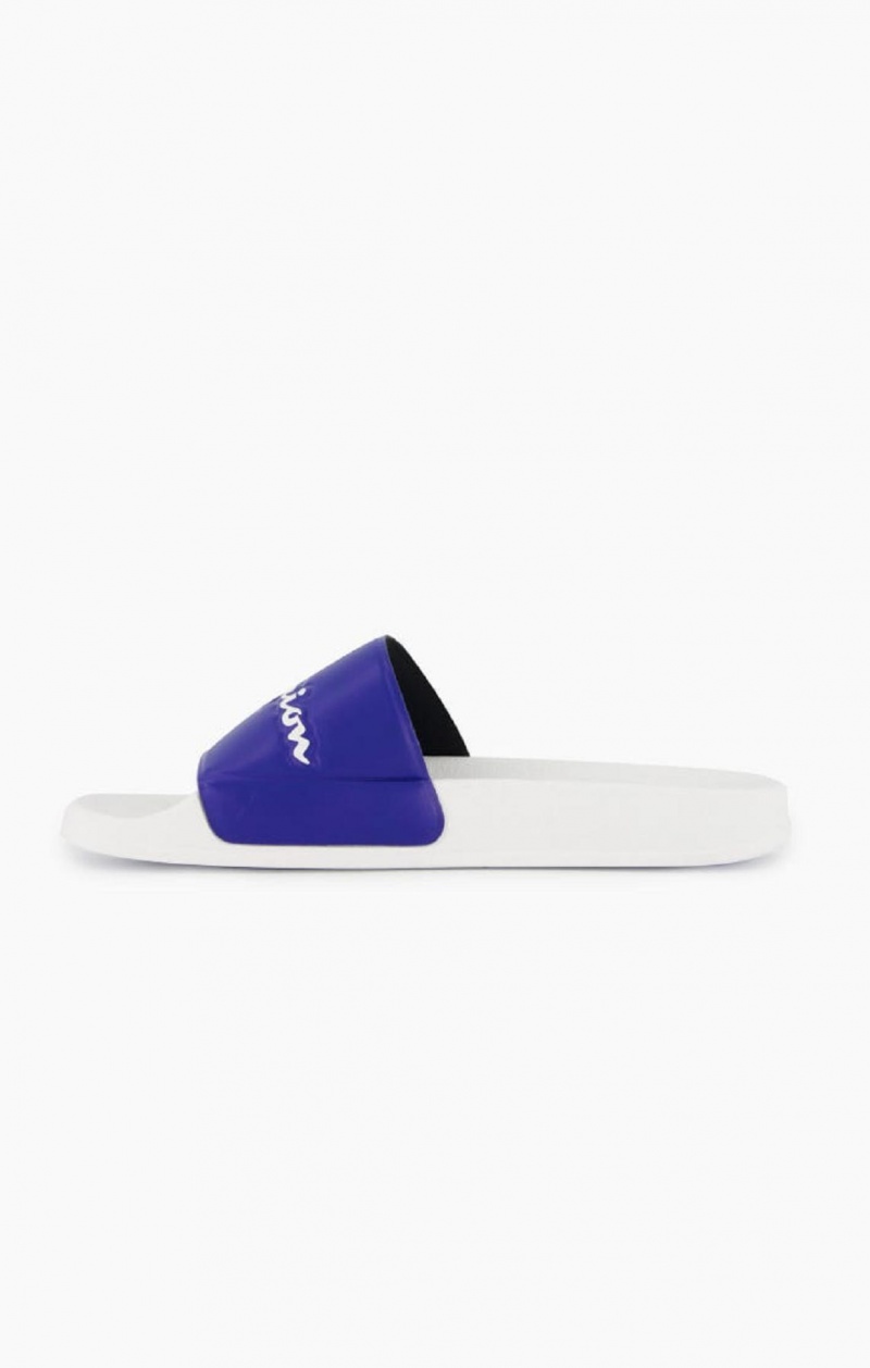 Claquette Champion Script Logo Pool Slides Homme Blanche Bleu | 6092-VNYCP